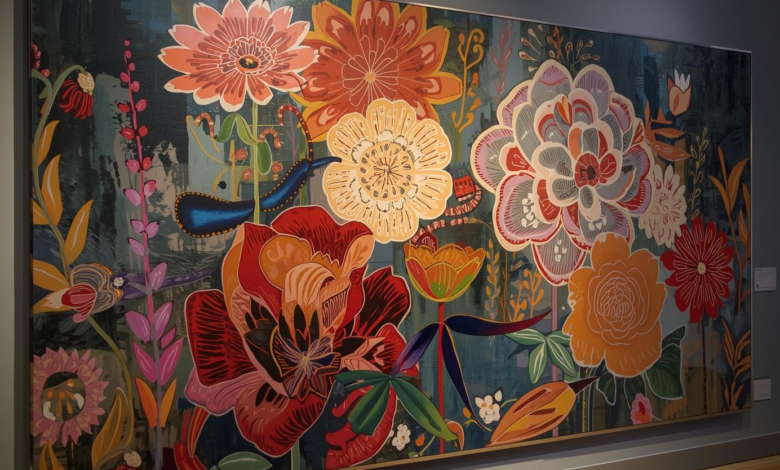 Allison Heather Belcourt art collage with vibrant floral and abstract designs.