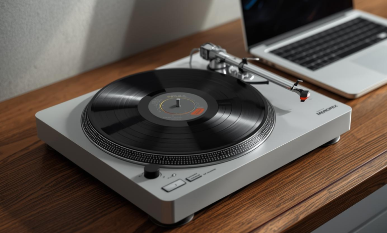 Memorex 2650MMO USB turntable with vinyl record.