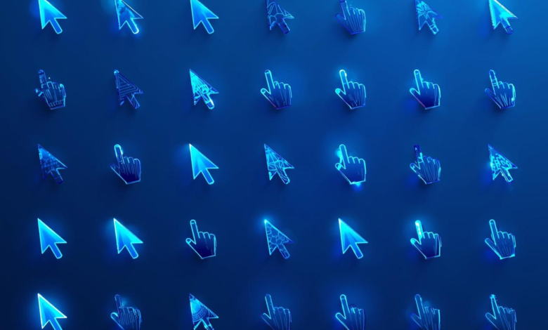 Blue cursor set, glowing arrows, tech style, minimal background.